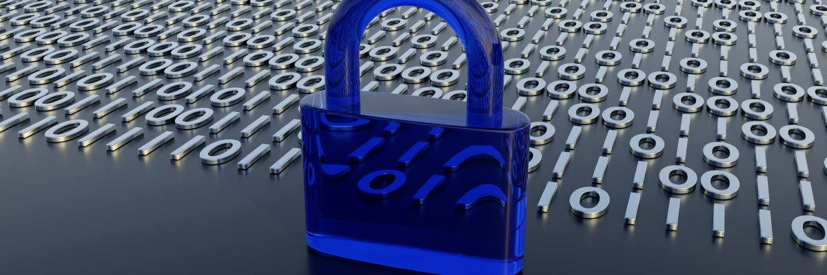 Ein geschlossenes Vorhängeschloss vor einer Vielzahl an Nullen und Einsen.