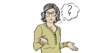 Frage Eine Frau mit einer Sprechblase, in der sich ein Fragezeichen befindet.