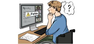Hürde_digitale_Medien Eine Person sitzt an einem Schreibtisch vor einem Computer und steht vor einer digitalen Hürde.