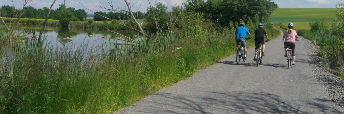 Radfahrer auf dem Vulkanparkradweg vorbei an den Thürer-Wiesen