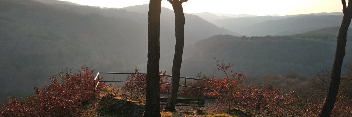 Panoramablick vom Wanderweg, mit einer Bank als Sitzgelegenheit