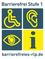 Auszeichnungslogo "Barrierefreiheit" zeigt die Grafiken eines I, eines Rollstuhls, einer Ohrmuschel sowie eines Auges