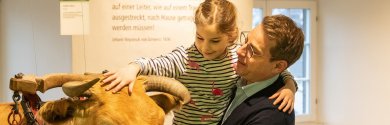 Museum Ausstellung Kind sitzt auf Ausstelungskuh und wird von Mann gehalten