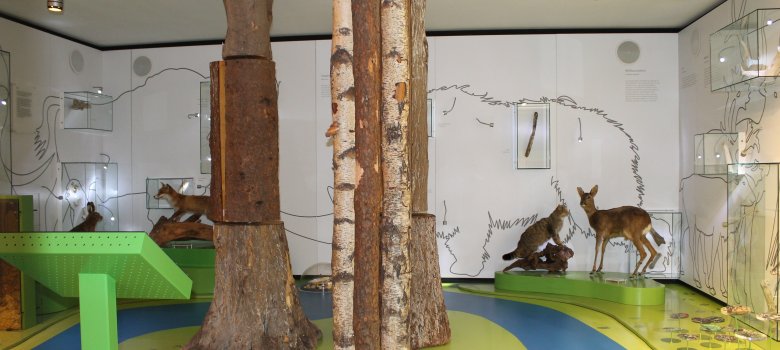 Ausstellung im Bereich "Landschaft" Blick in die Ausstellung Landschaft mit Bäumen und Tieren