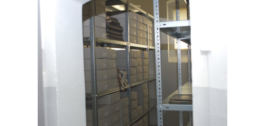 Metall Regale gefüllt mit grauen verschließbaren Kartons.