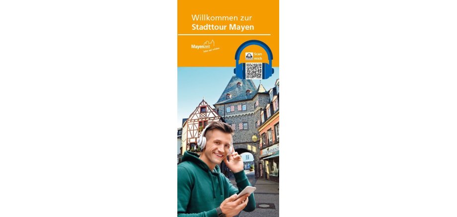 Plakat mit einem Jungen und Kopfhörern und Handy in der Mayener Brückenstraße 