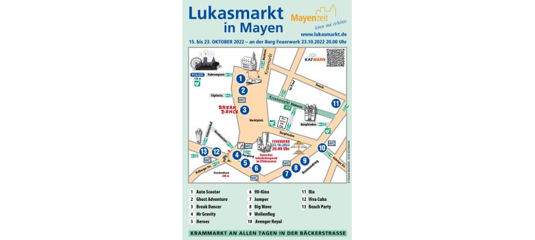 Lageplan von den verschiedenen Ständen und Fahrgeschäften in der Stadt