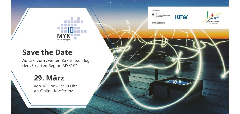 Auftakt des zweiten Zukunftsdialogs der Smarten Region MYK10 – Save the Date! Grafik auf dem -Save the date 29.03.2022, 18 -19:30 Uhr Online Konferenz - steht