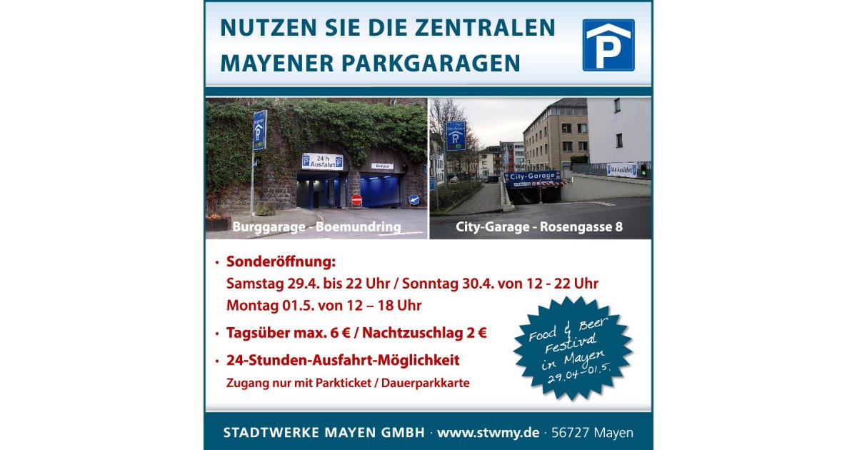 Sonderöffnungszeiten der Mayener Parkgaragen zum „Food & BeerFestival