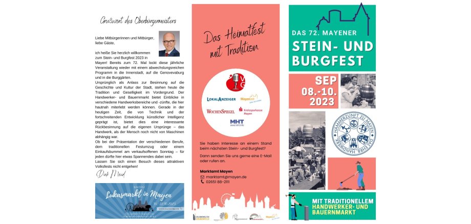 Flyer zum Stein- und Burgfest: Das Stein- und Burgfest lockt mit vielen Attraktionen die Menschen Anfang September nach Mayen. Flyer zum Stein- und Burgfest - Seite 1
