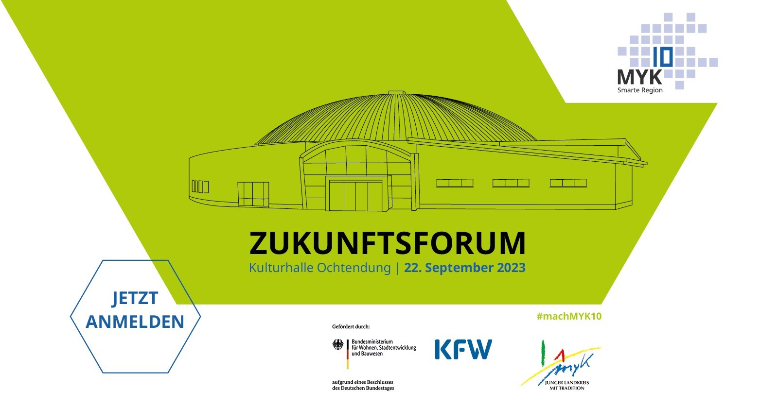 Grafik in Grün Weiß mit der Terminankündigung Zukunftsforum der Smarten Region MYK10 am 22.09.2023 in der Kulturhalle in Ochtendung