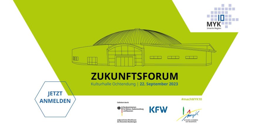 Grafik in Grün Weiß mit der Terminankündigung Zukunftsforum der Smarten Region MYK10 am 22.09.2023 in der Kulturhalle in Ochtendung