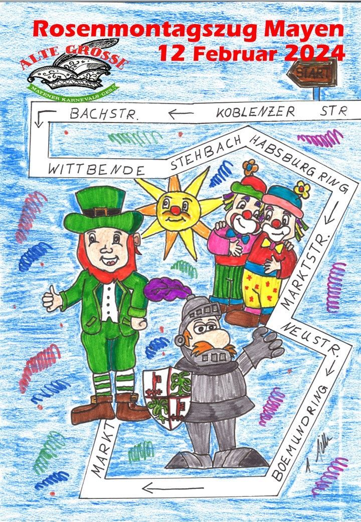 Darstellung des Wegs des Rosenmontagszugs in Mayen