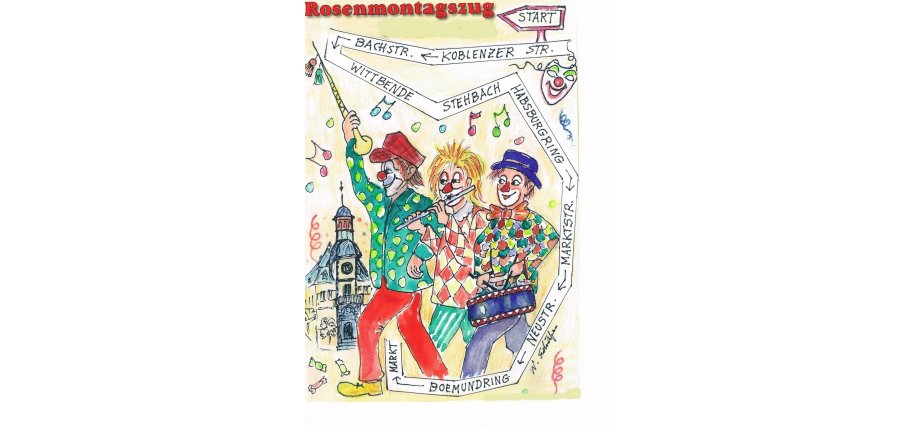 „De Zuch kütt“ – Rosenmontagszug in Mayen Grafik zur Strecke des Rosenmontagszug in Mayen mit gezeichneten Clowns.