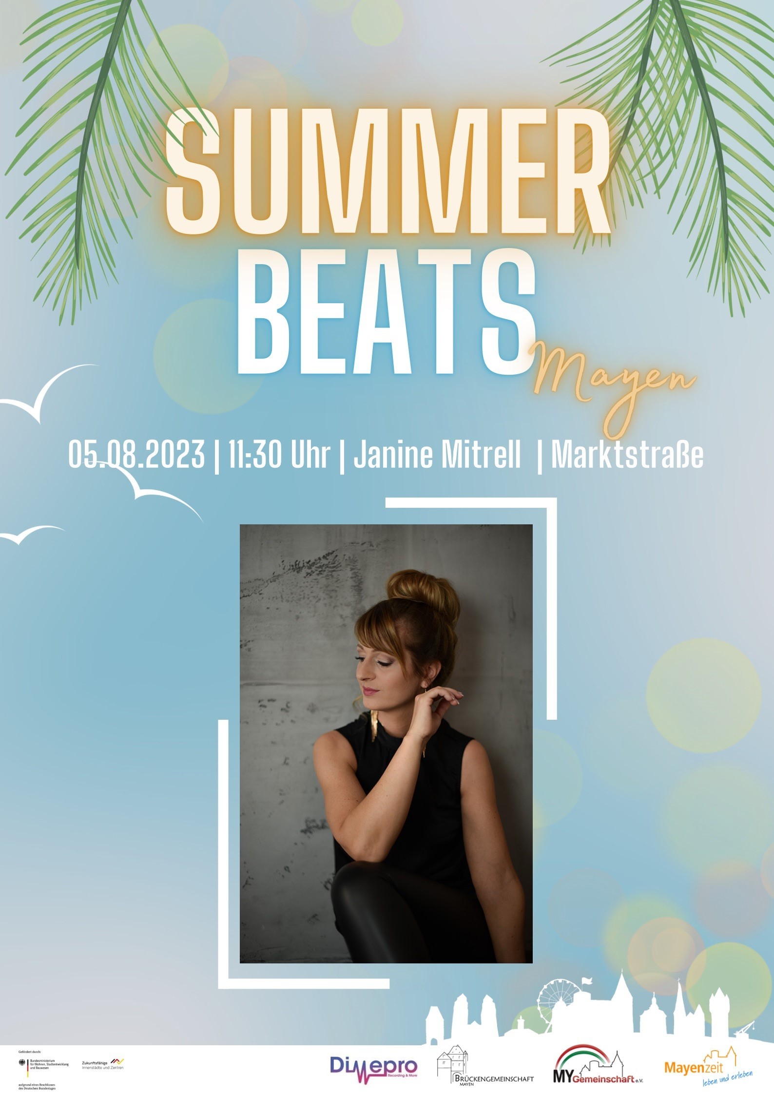 Plakat mit Informationen und einem Bild von Janine Mitrell