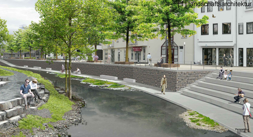 Planungsentwurf mit durchgehend barrierefreiem Uferweg sowie Treppenaufgang