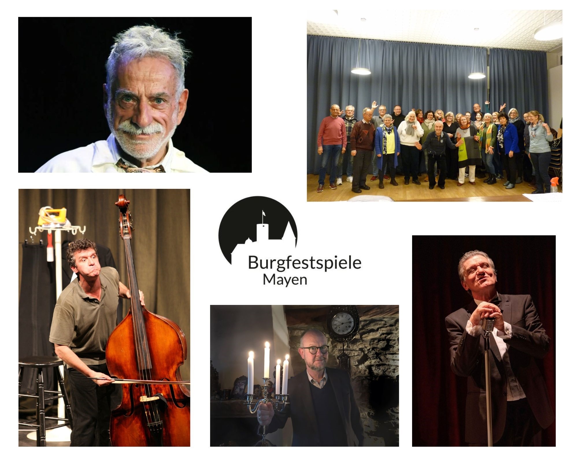 Eine Gruppe von Menschen, ein Mann mit Cello, ein Mann mit Kerzenleuchter, ein Mann am Mikrofon