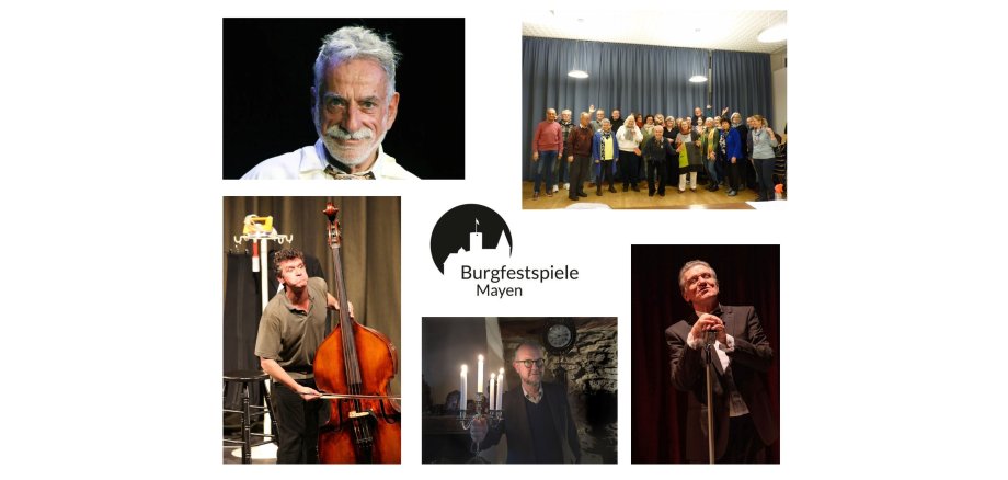 Eine Gruppe von Menschen, ein Mann mit Cello, ein Mann mit Kerzenleuchter, ein Mann am Mikrofon