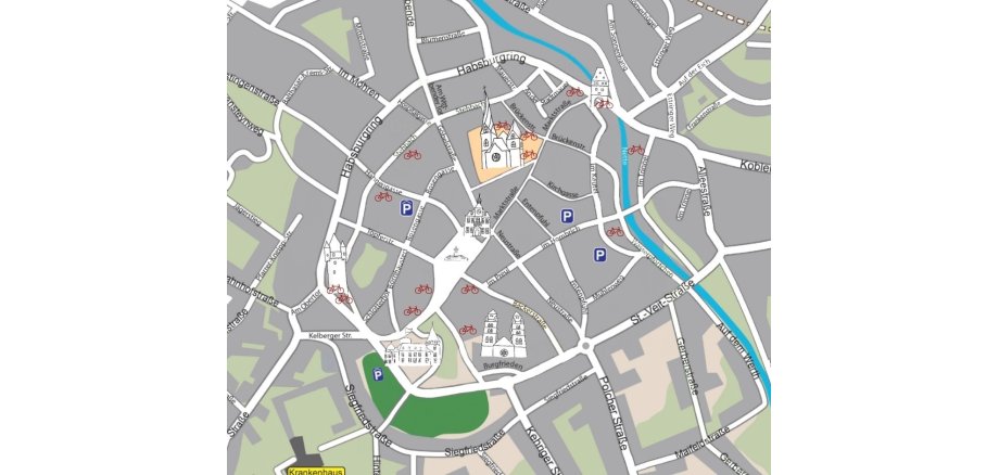 Plan der Mayener Innenstadt mit roten Fahrrädern