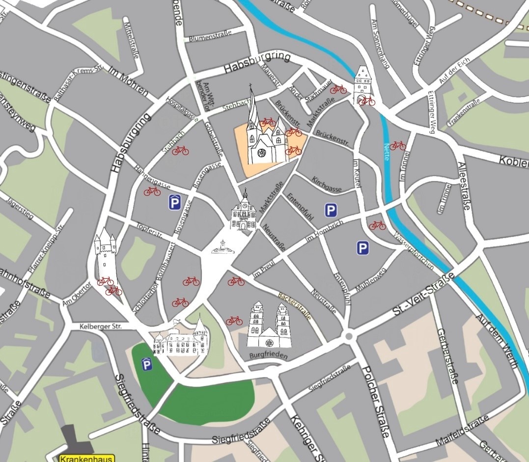 Plan der Mayener Innenstadt mit roten Fahrrädern