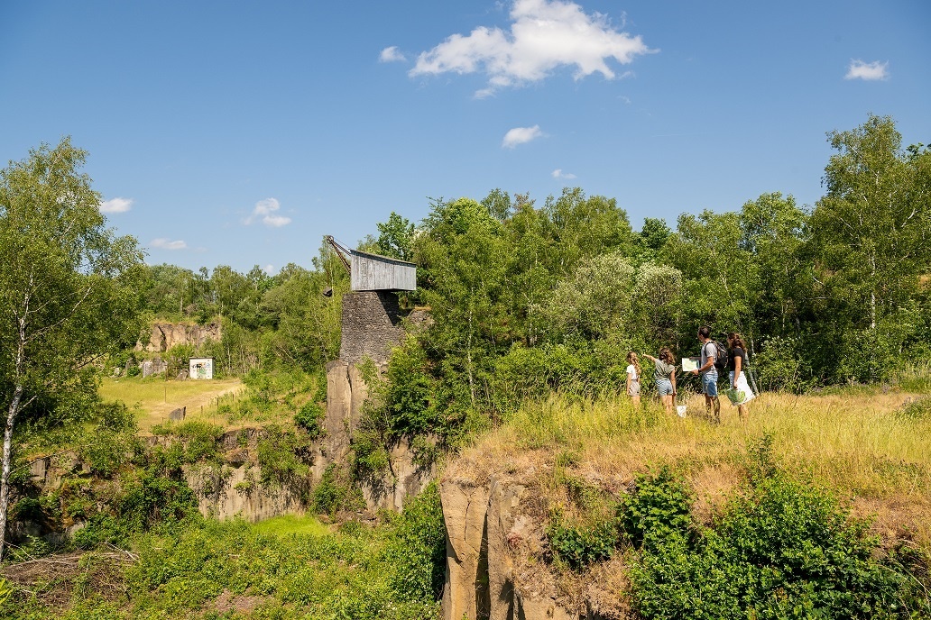 Grünes Panorama im Grubenfeld mit einer Familie