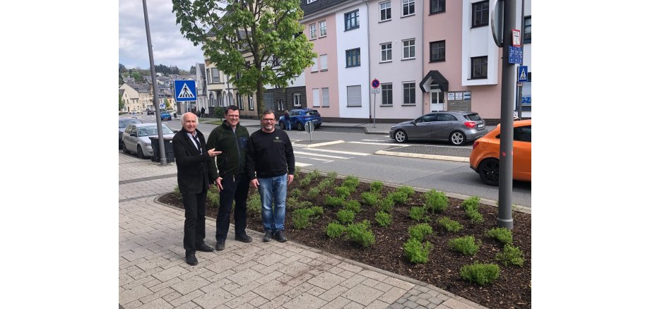 3 Personen von einem Blumenbeet