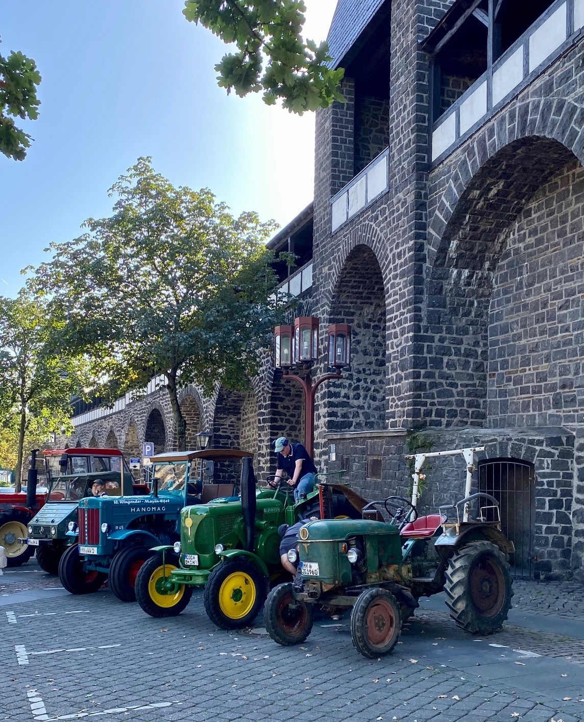 Alte Traktoren in einer Reihe aufgestellt