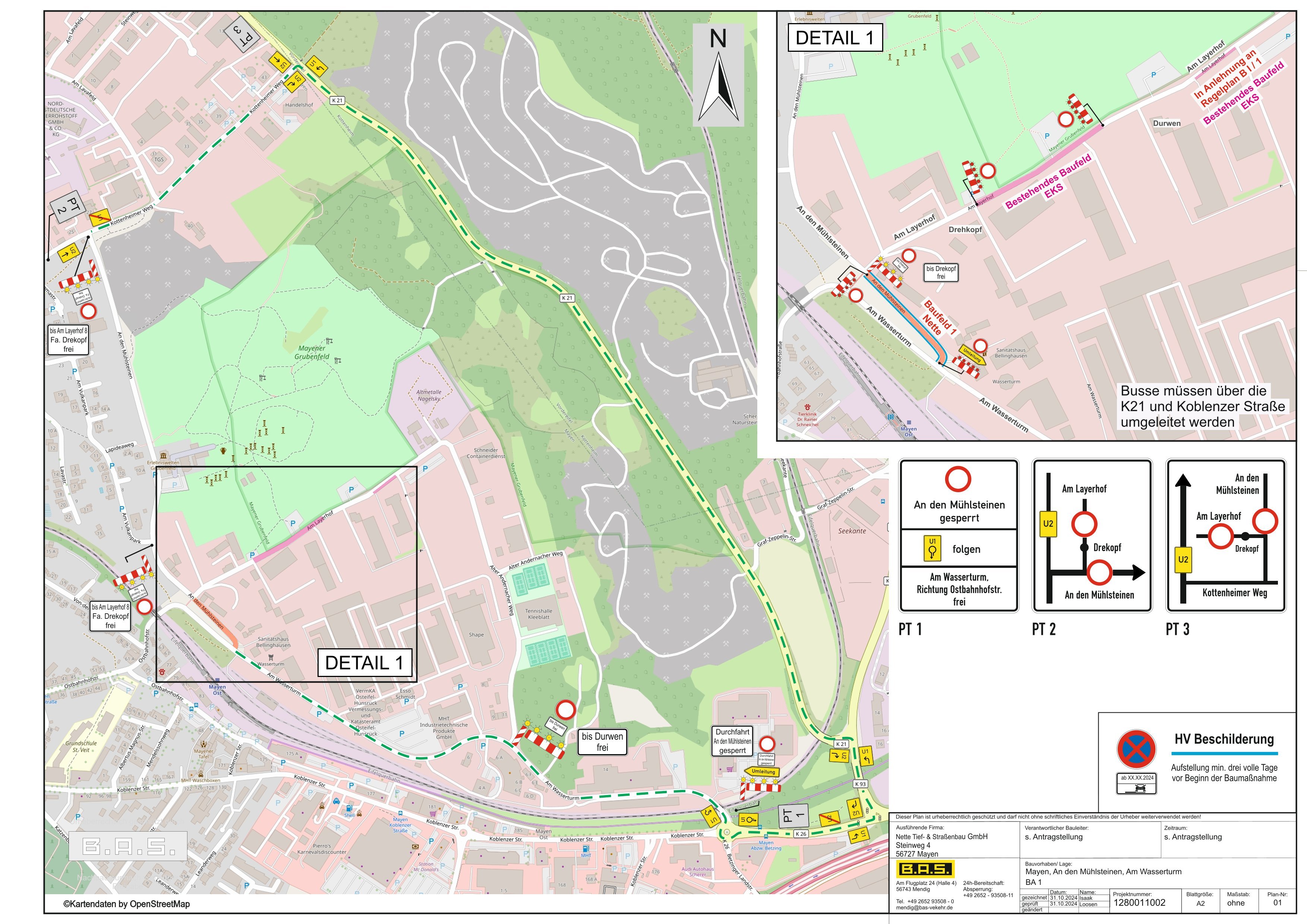 Plan der Straßensperrung mit Beschilderungsvermerken
