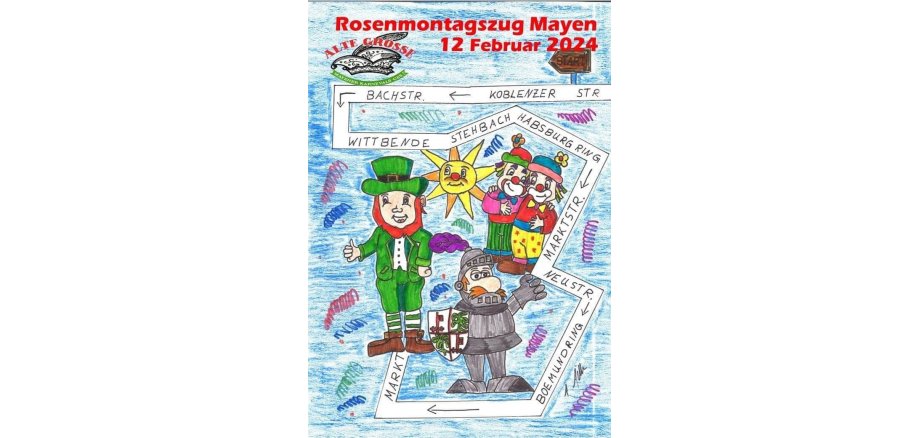 Diesen Weg nimmt der Rosenmontagszug Zeichnung mit der Wegbeschreibung