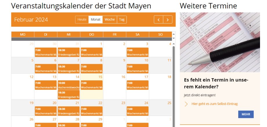 Darstellung des Veranstaltungskalenders auf der städtischen Homepage