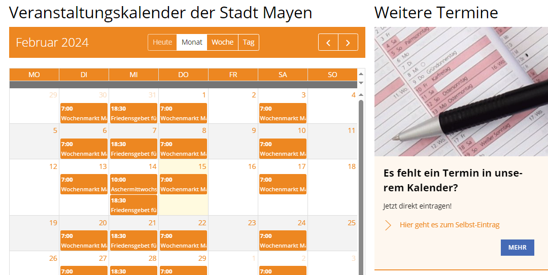 Darstellung des Veranstaltungskalenders auf der städtischen Homepage
