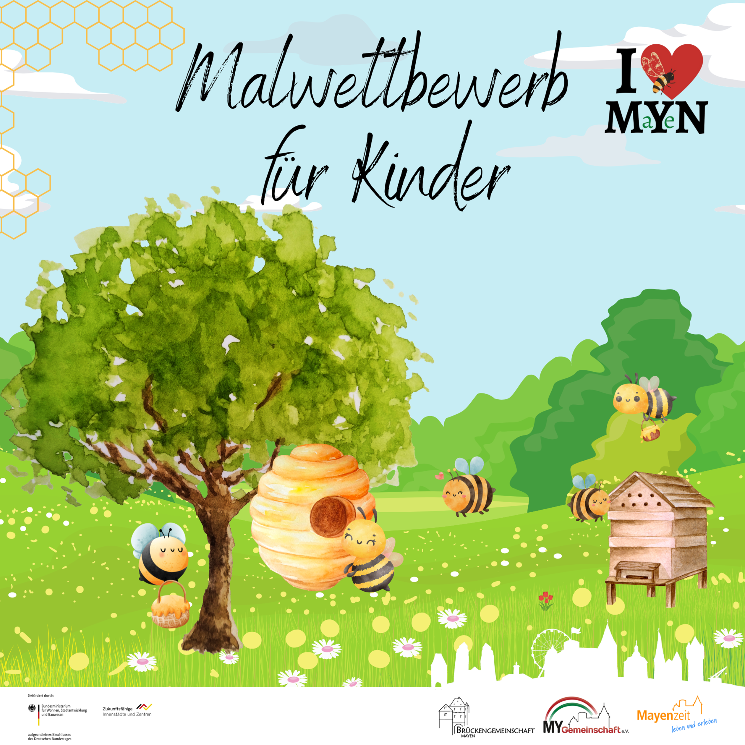 Bunte Grafik mit Bäumen und Bienen