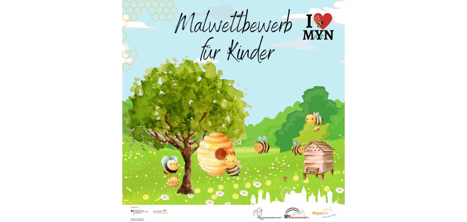 Bunte Grafik mit Bäumen und Bienen