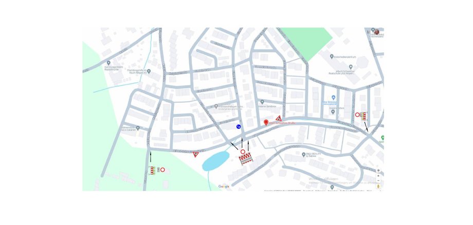 Die eingeschränkten Bereiche der Vollsperrung sowie die vorgesehene Umleitung Lageplan der Vollsperrung