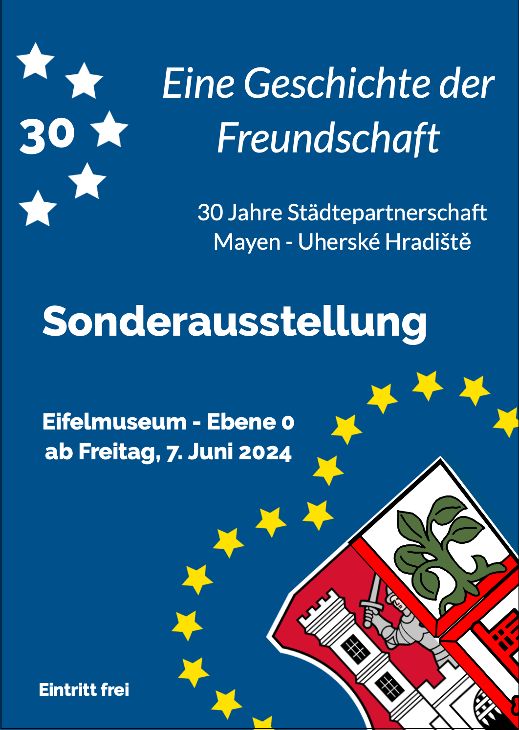 Flyer zur Sonderausstellung zur 30-jähriger Städtepartnerschaft zwischen Mayen und Uherské Hradiště