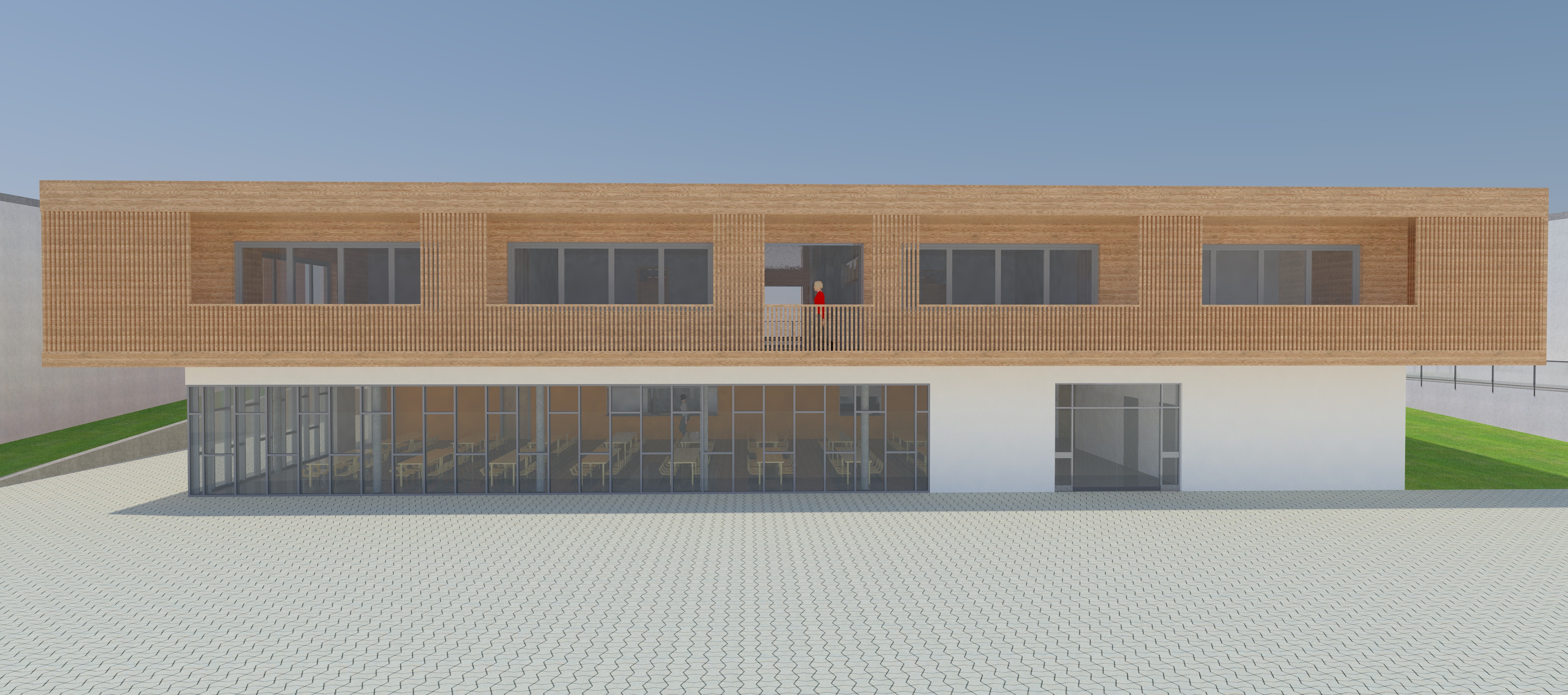 Der Entwurf zeigt eine Mensa mit Unterrichtsräumen für die Grundschule Hinter Burg