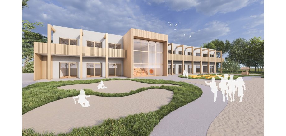 Entwurf einer Außenansicht der geplanten Kindertagesstätte „Am Erdwall“ 
