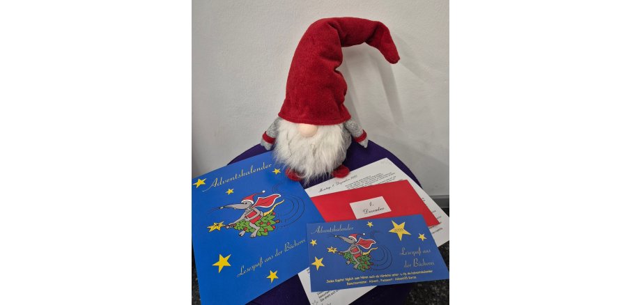 Viel Lesespaß gibt es mit dem diesjährigen Adventskalender Ein Deko Weihnachtswichtel sitzt neben Kinderweihnachtsbüchern