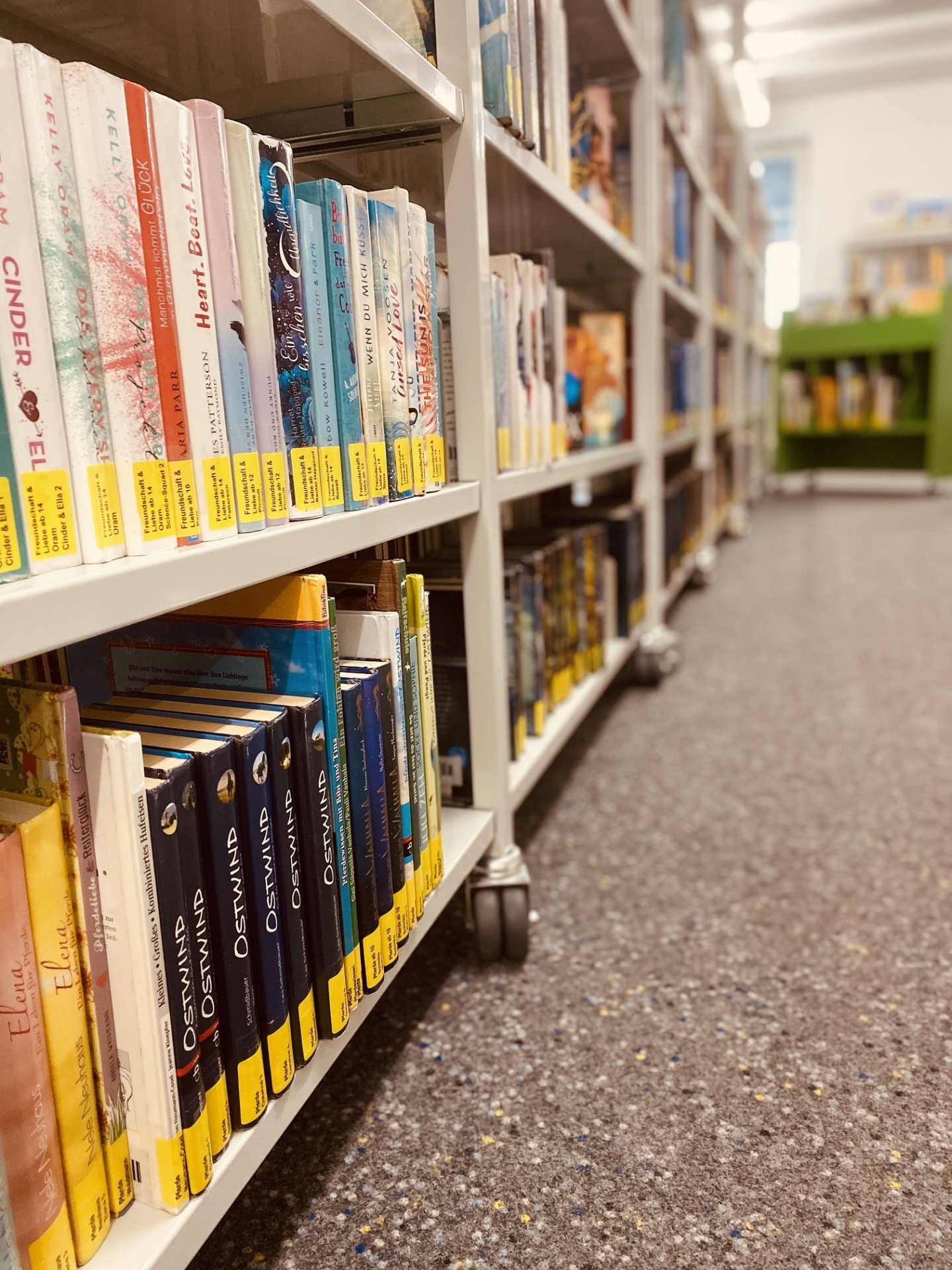 Viele bunte Kinderbücher in einem Regal