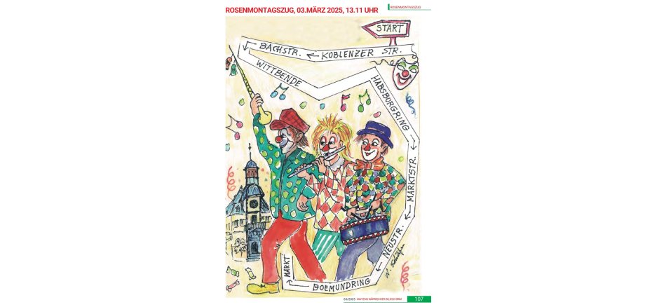 Drei gezeichnete Clowns vor dem alten Rathaus