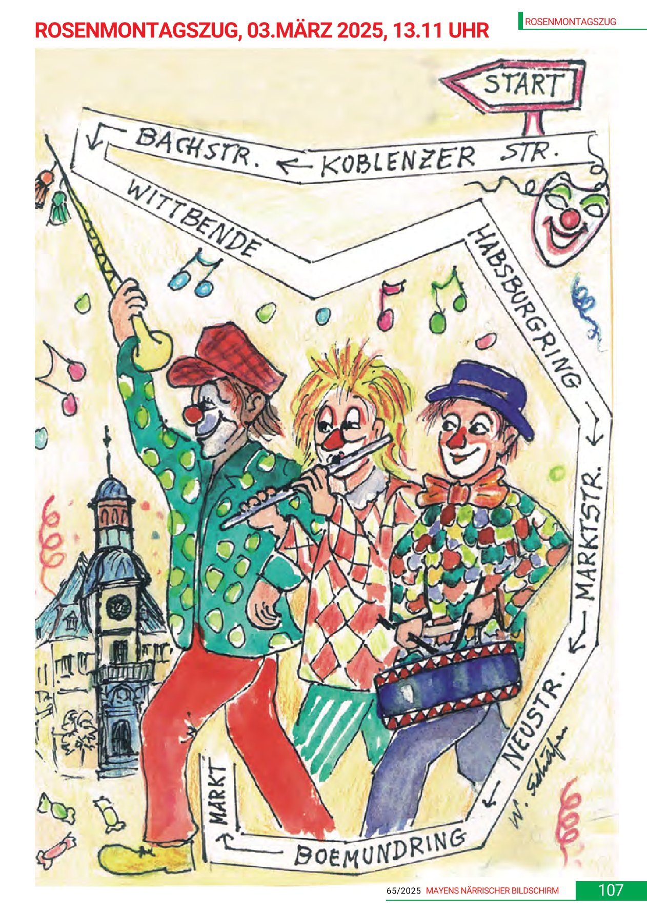 Drei gezeichnete Clowns vor dem alten Rathaus