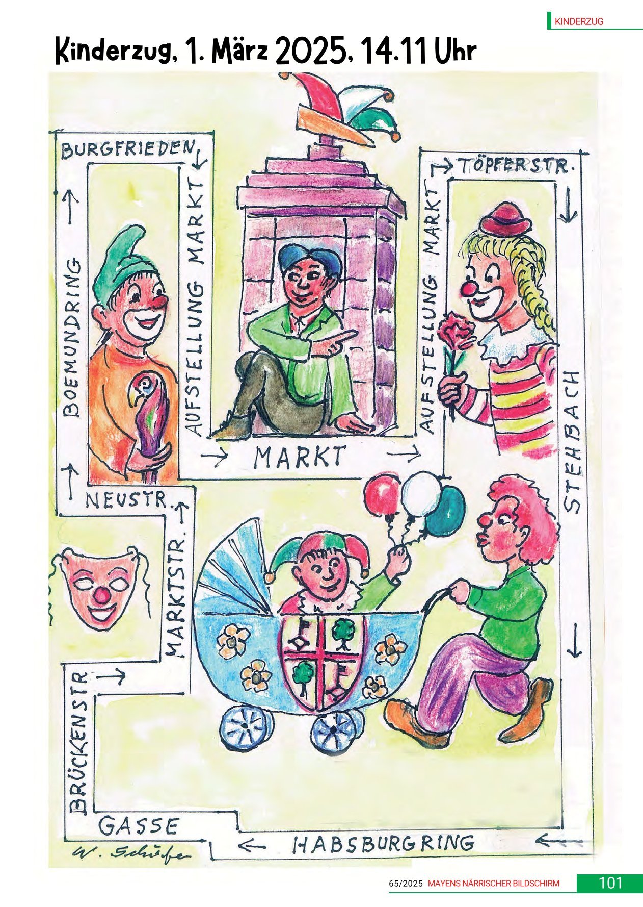 Gemalte Clowns zeigen die Wegführung des Kinderzugs