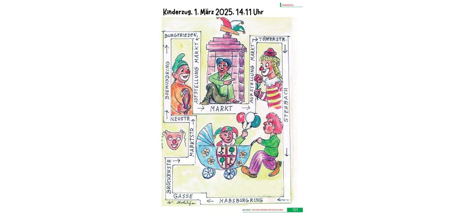 Gemalte Clowns zeigen die Wegführung des Kinderzugs