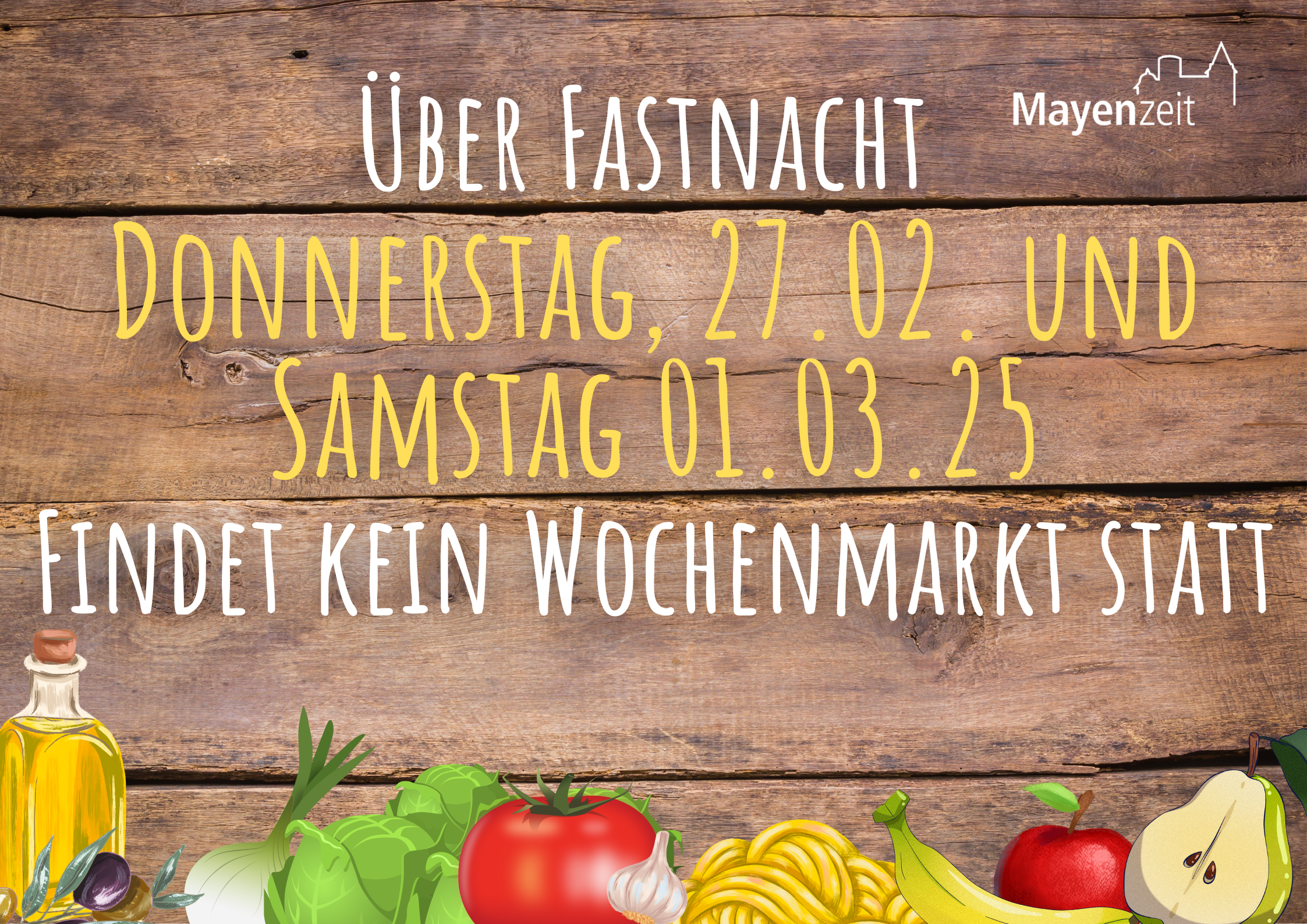 Holztafel mit Informationen zum Wochenmarkt