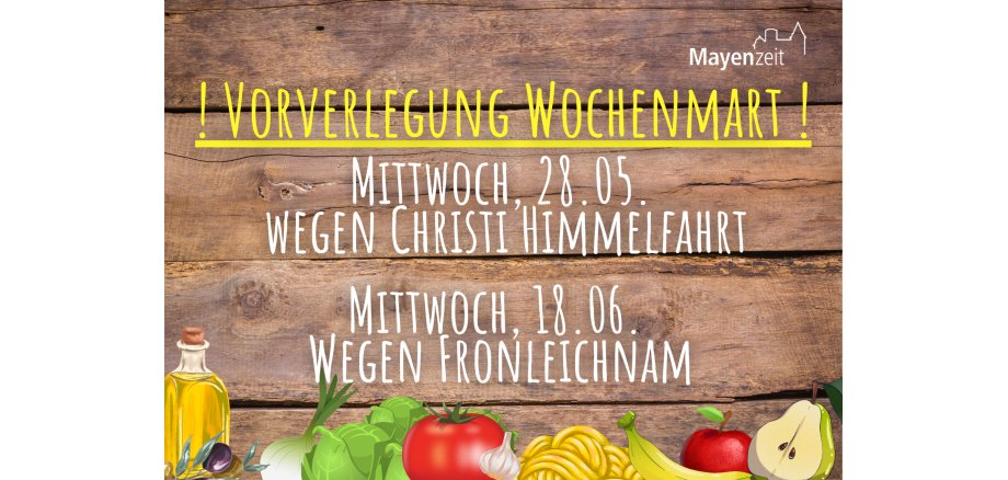Obst und Gemüse vor Holztafel mit Infos zum Wochenmarkt