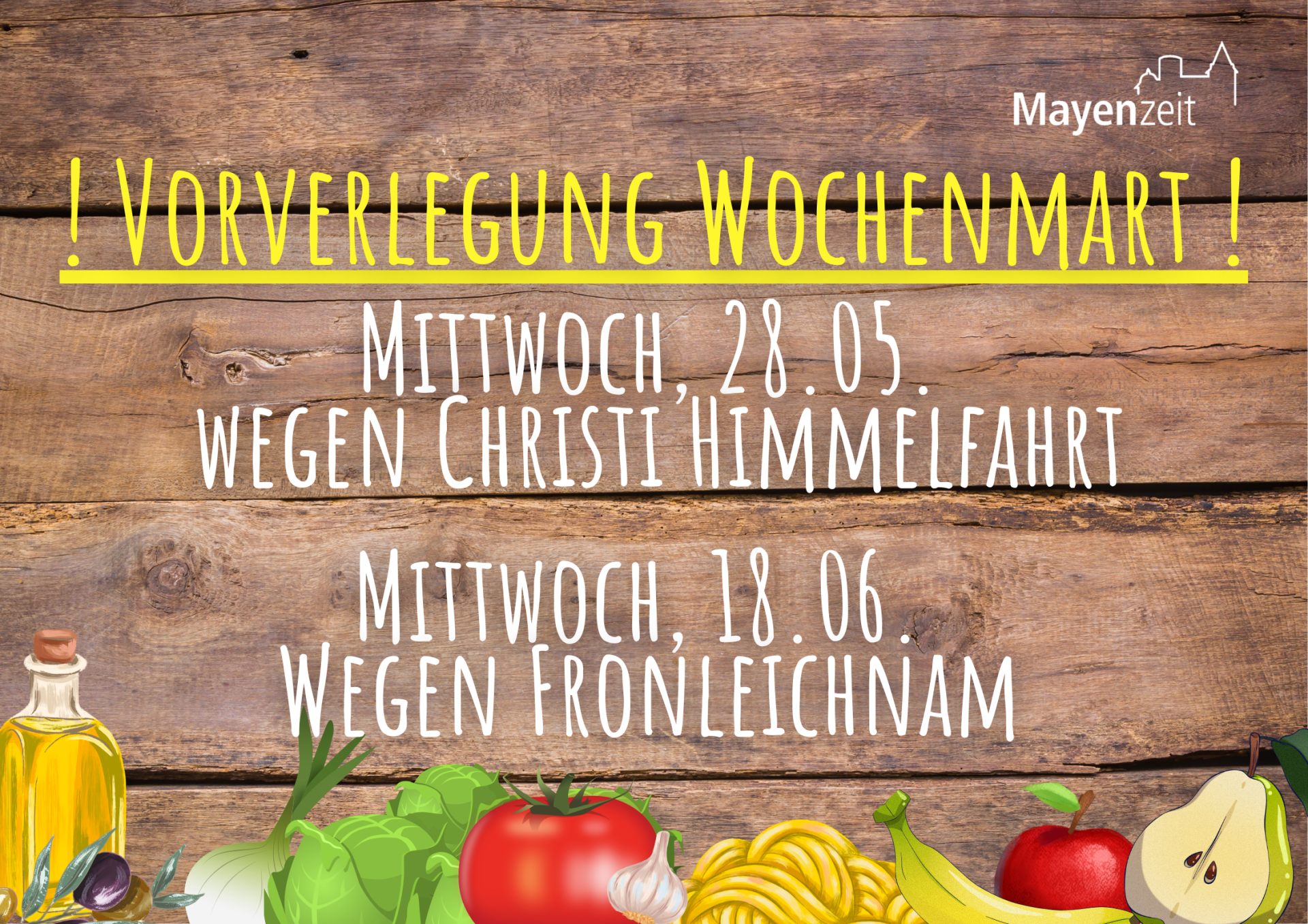 Obst und Gemüse vor Holztafel mit Infos zum Wochenmarkt