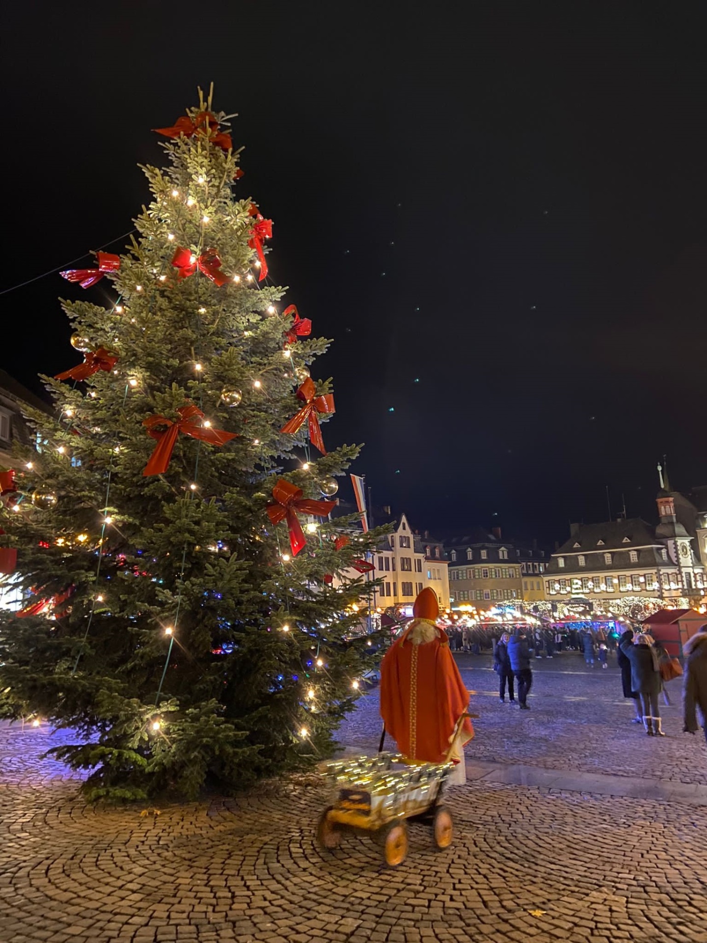 Geschmückter Weihnachtsbaum auf dem Marktplatz im dunkeln