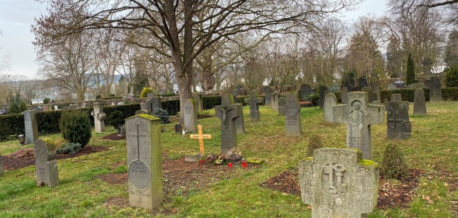 Grüne Fiese auf dem Friedhof mit vielen Grabsteinen