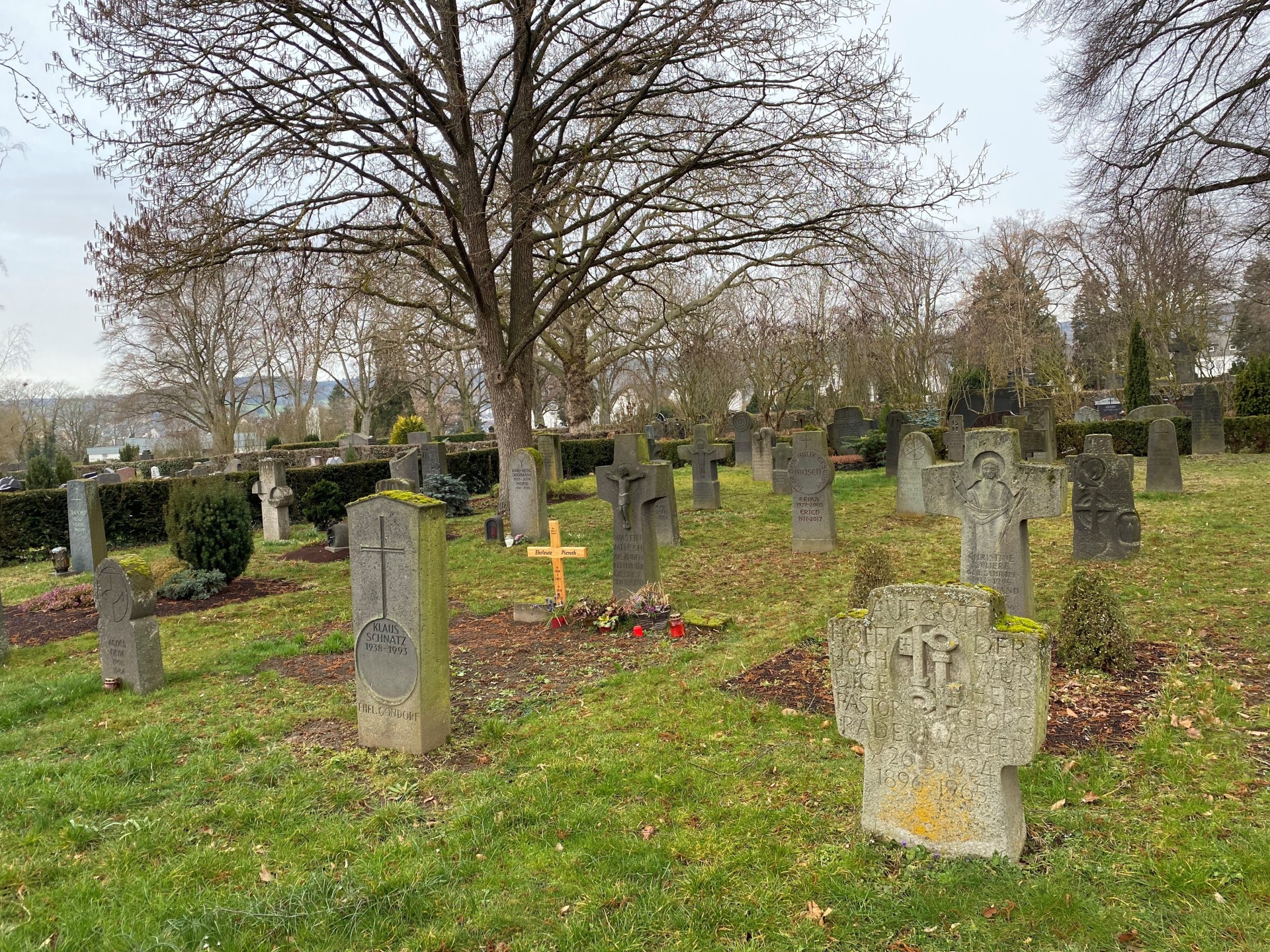 Grüne Fiese auf dem Friedhof mit vielen Grabsteinen