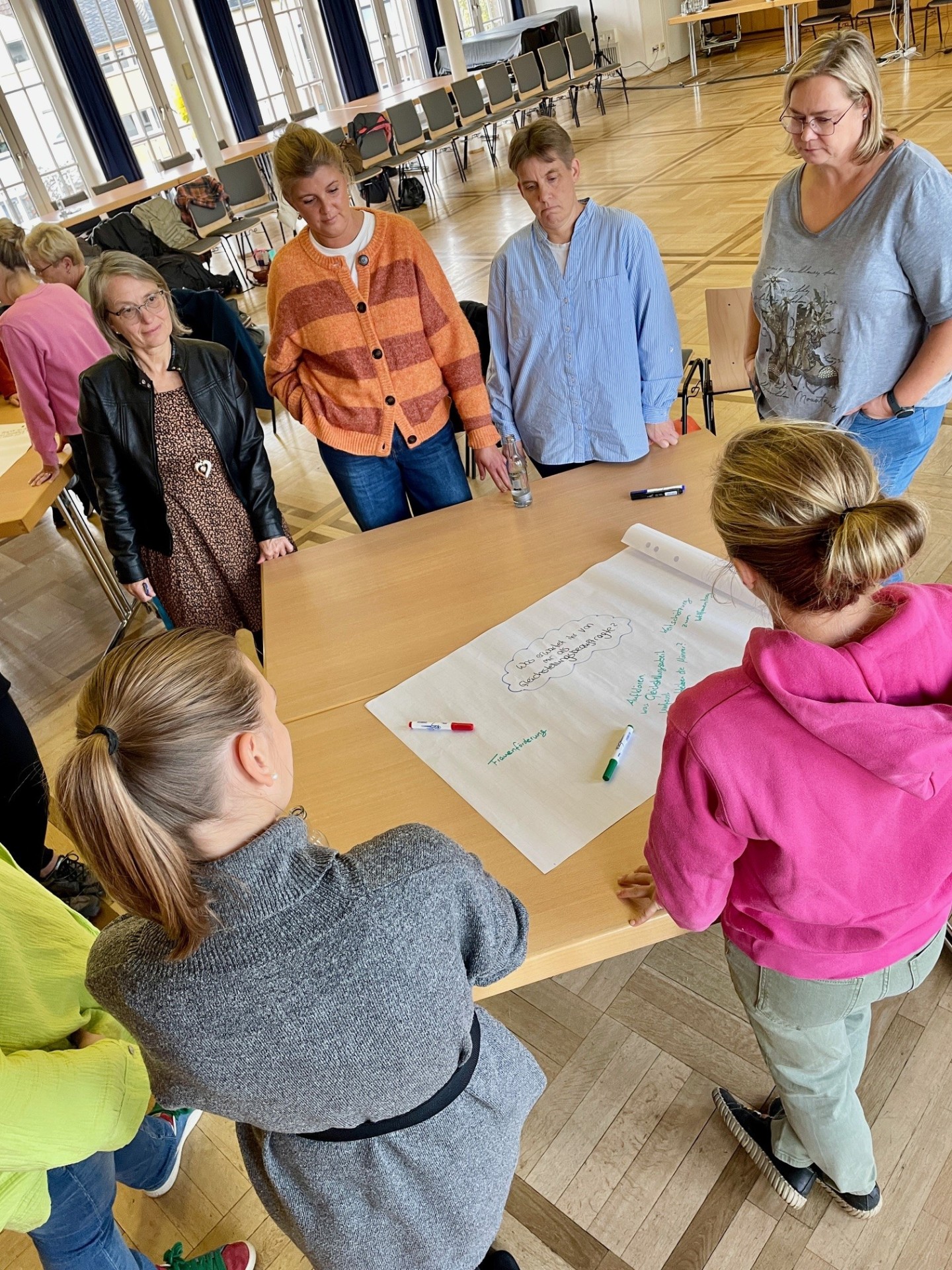 Die Mitarbeiterinnen der Stadtverwaltung Mayen bringen viele neue Ideen und Anregungen mit ein  Mehrere Personen stehen an einem Tisch zusammen - vor Ihnen ein Plakat